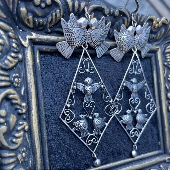 Mexican Sterling Silver Filigree Bird Earrings 925 - Picture 6 of 7